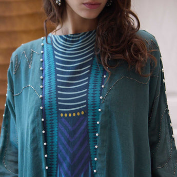 PEARL DROPS ON PALM TEAL ABAYA