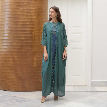 PEARL DROPS ON PALM TEAL ABAYA