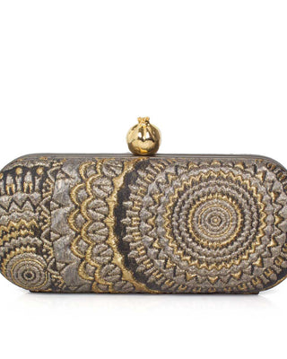 Big box clutch bag with sunburst patterns on a white background