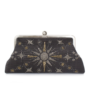 A black classic bag with a sun motif in glass bead embroidery, featuring a metallic clasp.