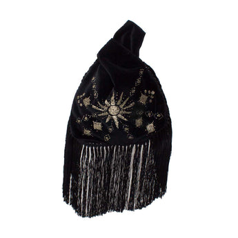 Black slip bag with sunrise design and fringes on a white background