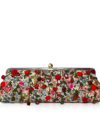Floral patterned clutch bag on a white background