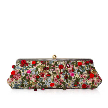 Floral patterned clutch bag on a white background