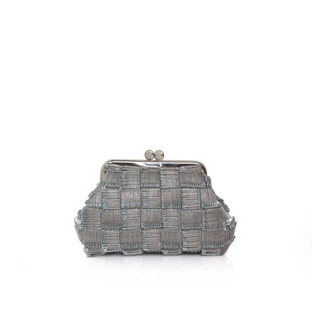 Silver woven clutch bag on a white background