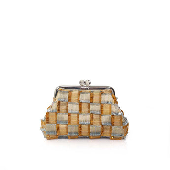 Woven clutch bag with a checkered pattern on a white background