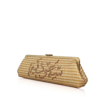 A gold woven clutch bag with a textured pattern and a metallic gold clasp, shown on a clean white background.