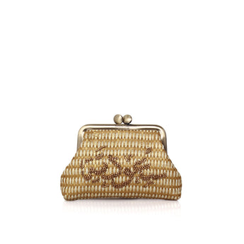 Saoudiyah Straw Gold Micro Bag, a gold straw micro bag with "Saoudiyah" hand-beaded in Arabic calligraphy and a gold kiss-lock frame