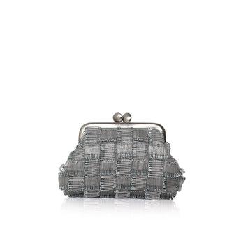 A metallic silver pins clutch handbag shown on a plain white background.