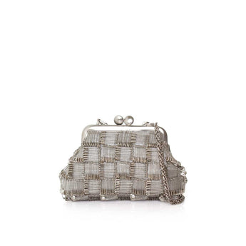 Silver woven handbag with a frame clutch on a white background