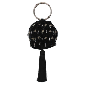 tarrynight Black Velvet Alice, a round black velvet bag with a ring handle, beaded stars and a black tassel