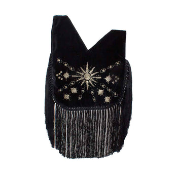 Black slip bag with sunrise design and fringes on a white background