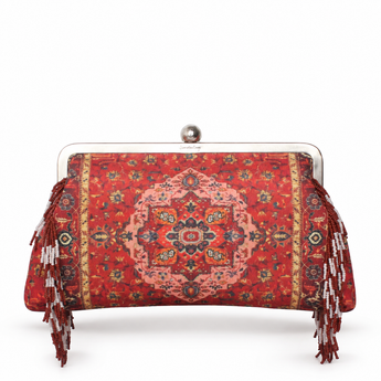 Tapestry Red Classic Bag, a red rug-pattern clutch with a frame clasp and beaded side fringes
