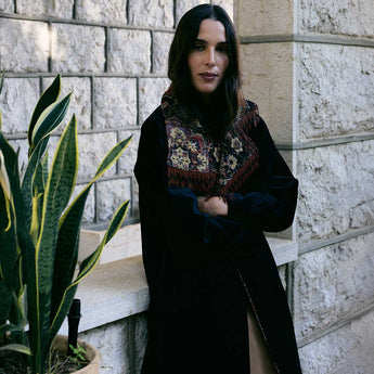Model wearing the Woven Tapestry on Black Velvet Midi Yas Coat, black velvet midi coat