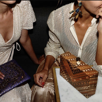 afro marquetry evening minaudière clutch on model