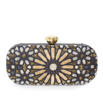 A Moroccan metallic big box clutch embellished with glass beads in gold, silver, and bronze colors, featuring a geometric pattern and a diamond-shaped clasp.