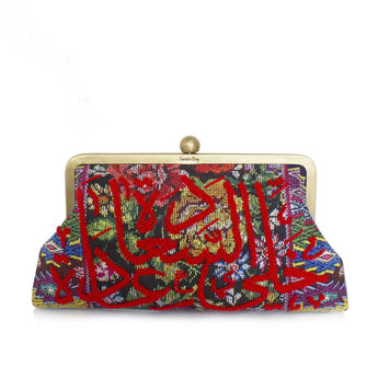 red calligraphy on floral classic clutch bag with shoulder chain