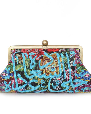 blue calligraphy on floral classic clutch bag with shoulder chain